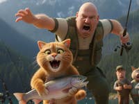 Un chat en dessin animé tient joyeusement un poisson tandis qu'un homme crie d'excitation dans une scène de pêche.