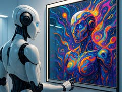 Un robot examine un portrait abstrait vibrant d'une figure humanoïde dans une galerie moderne.