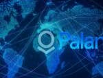 Une carte du monde numérique avec des teintes bleues et des points lumineux, présentant le logo Palantir.