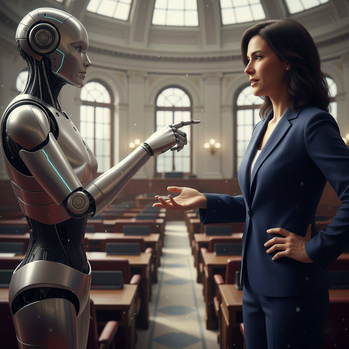 Un robot humanoide et une femme en costume discutent dans un cadre de tribunal.