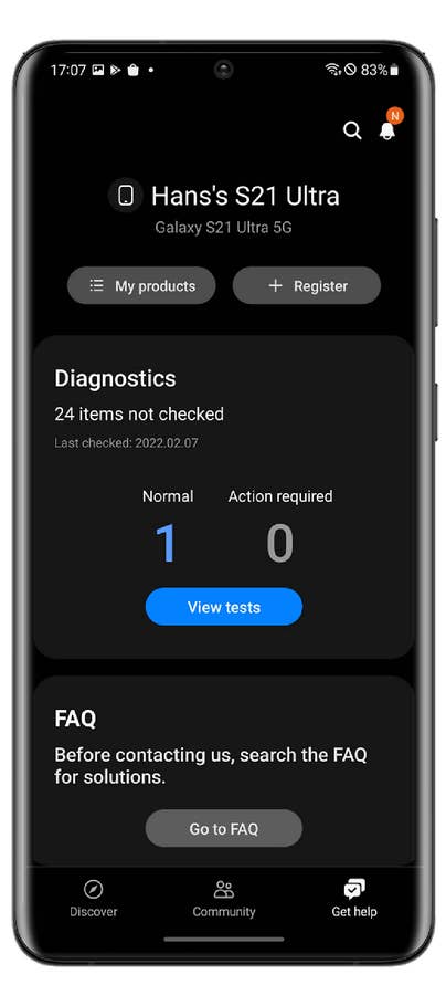 Écran affichant les diagnostics du Samsung Galaxy S21 Ultra avec un statut de batterie à 83%.