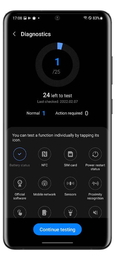 Écran de diagnostic montrant lu0027état de la batterie et les options de test.