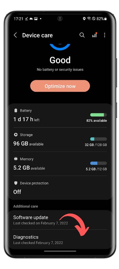 Écran de soins de lu0027appareil montrant le statut de la batterie, 1j 17h restant, 82% disponible et du0027autres infos.