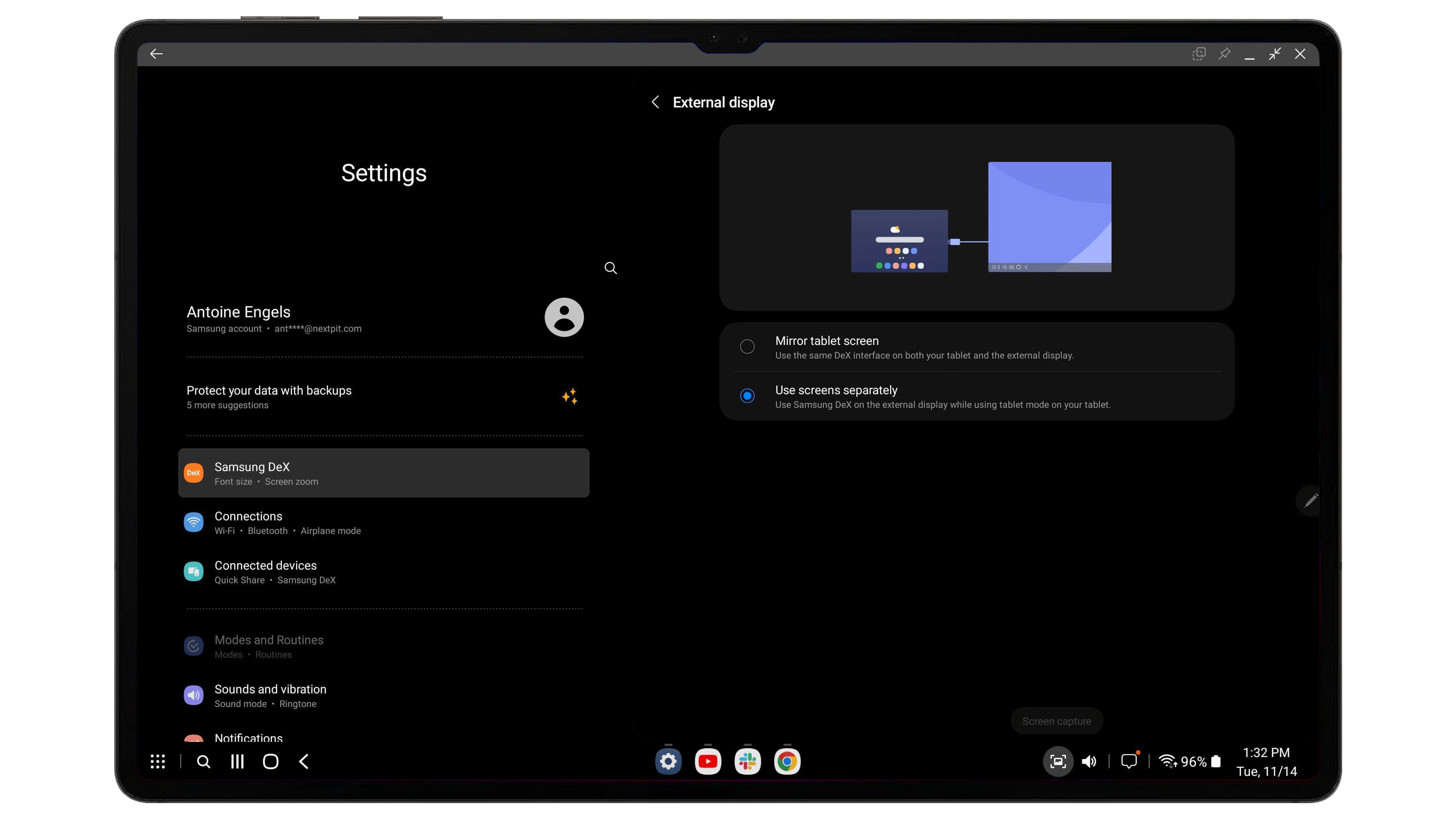 Capture d'écran prise sur la Samsung Galaxy Tab S9 Ultra en mode DeX montrant les réglages de l'écran externe