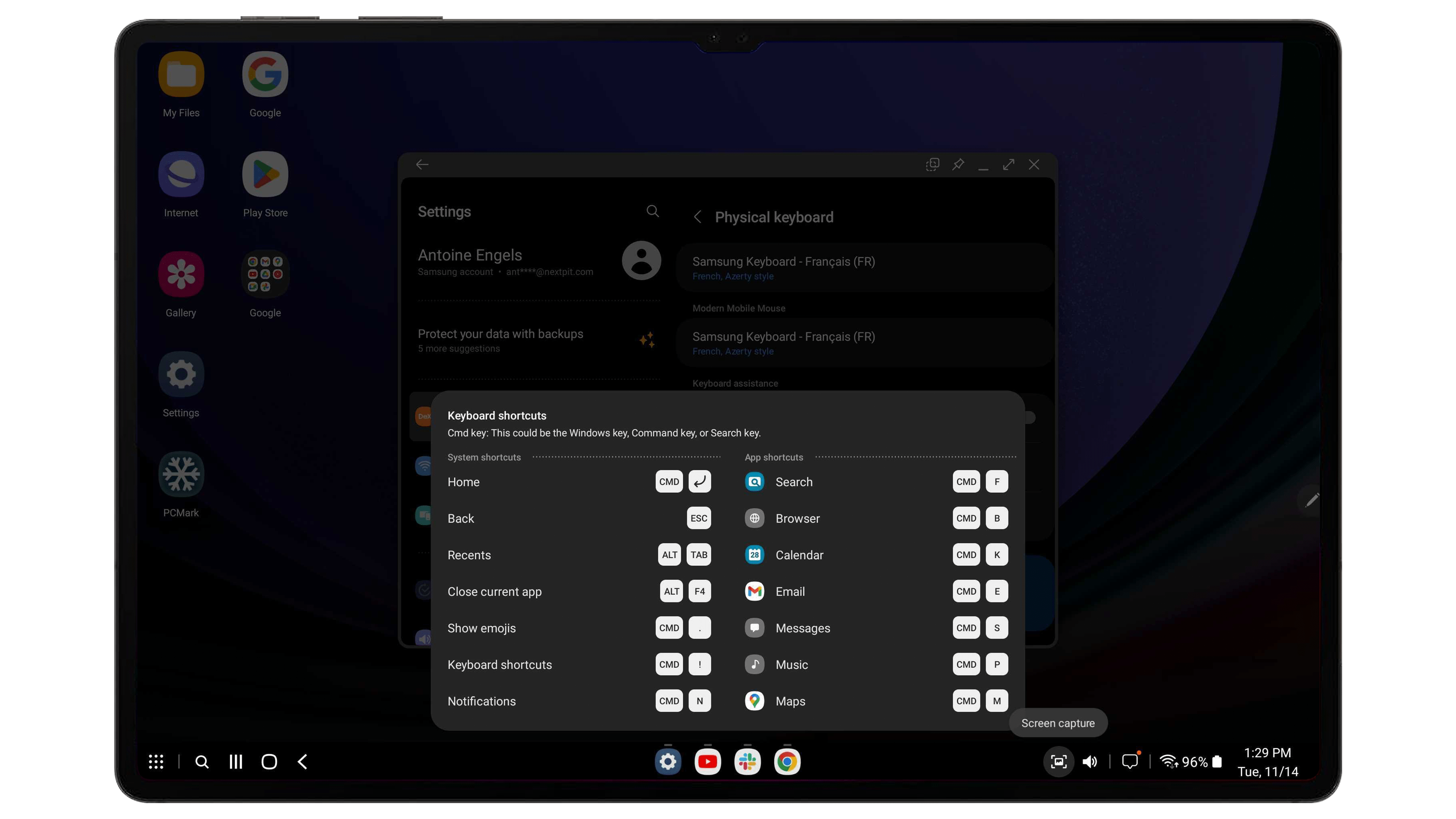 Capture d'écran prise sur la Samsung Galaxy Tab S9 Ultra en mode DeX montrant les raccourcis clavier possibles