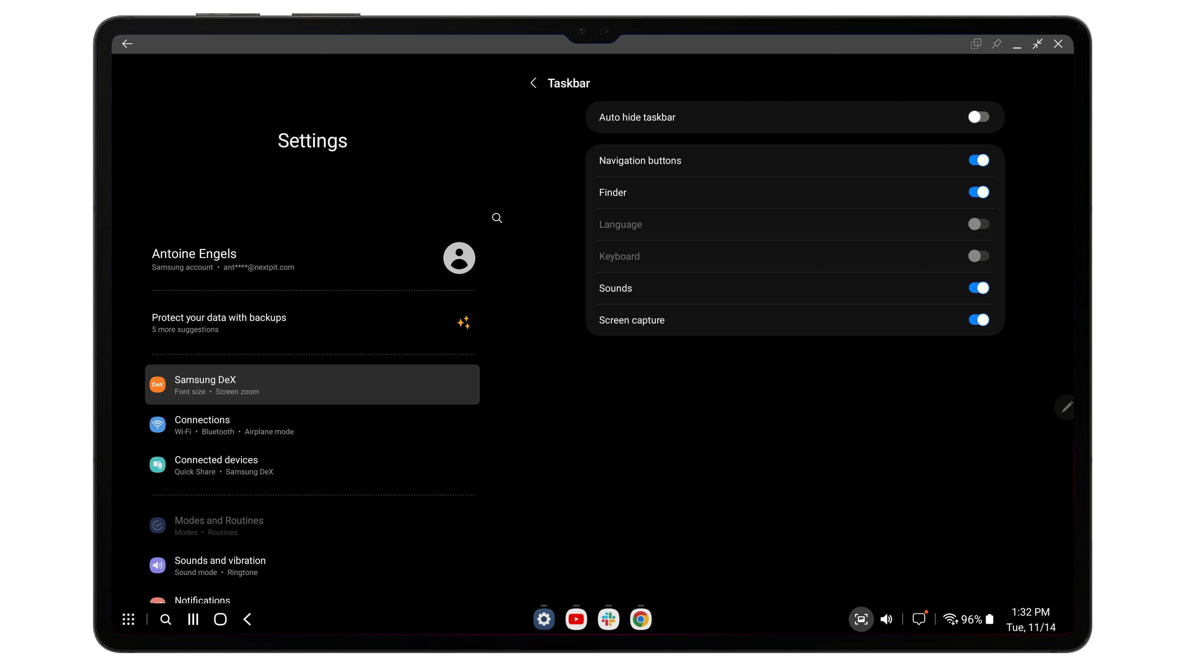 Capture d'écran prise sur la Samsung Galaxy Tab S9 Ultra montrant les options de personnalisation de la Task Bar en mode DeX