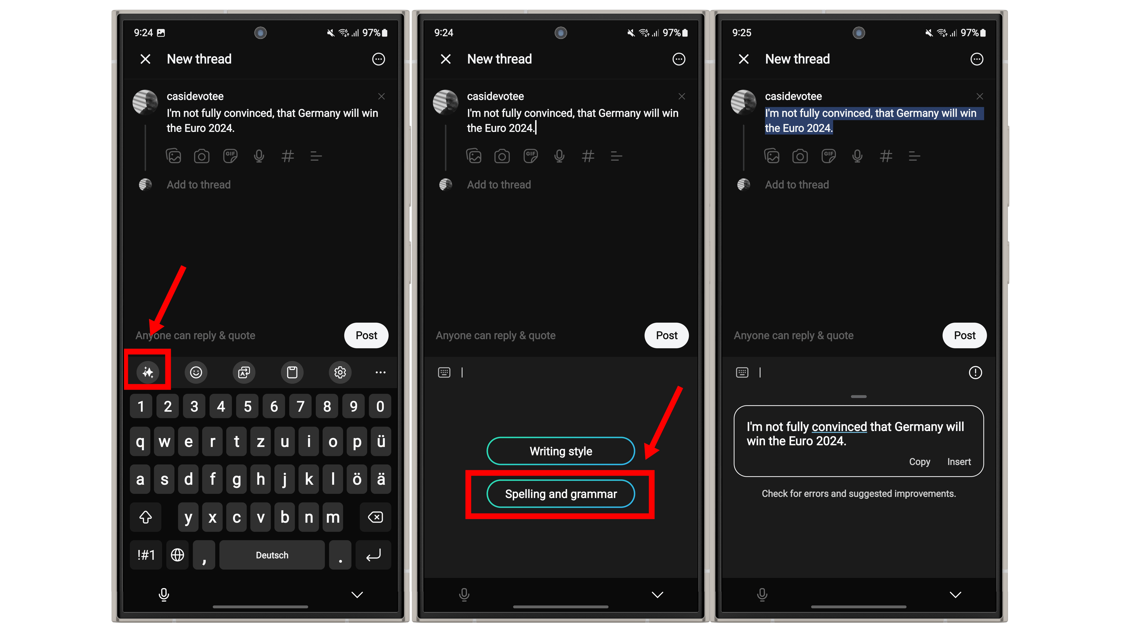Captures d'écran de One UI 6 montrant le correcteur orthographique IA du clavier Samsung.