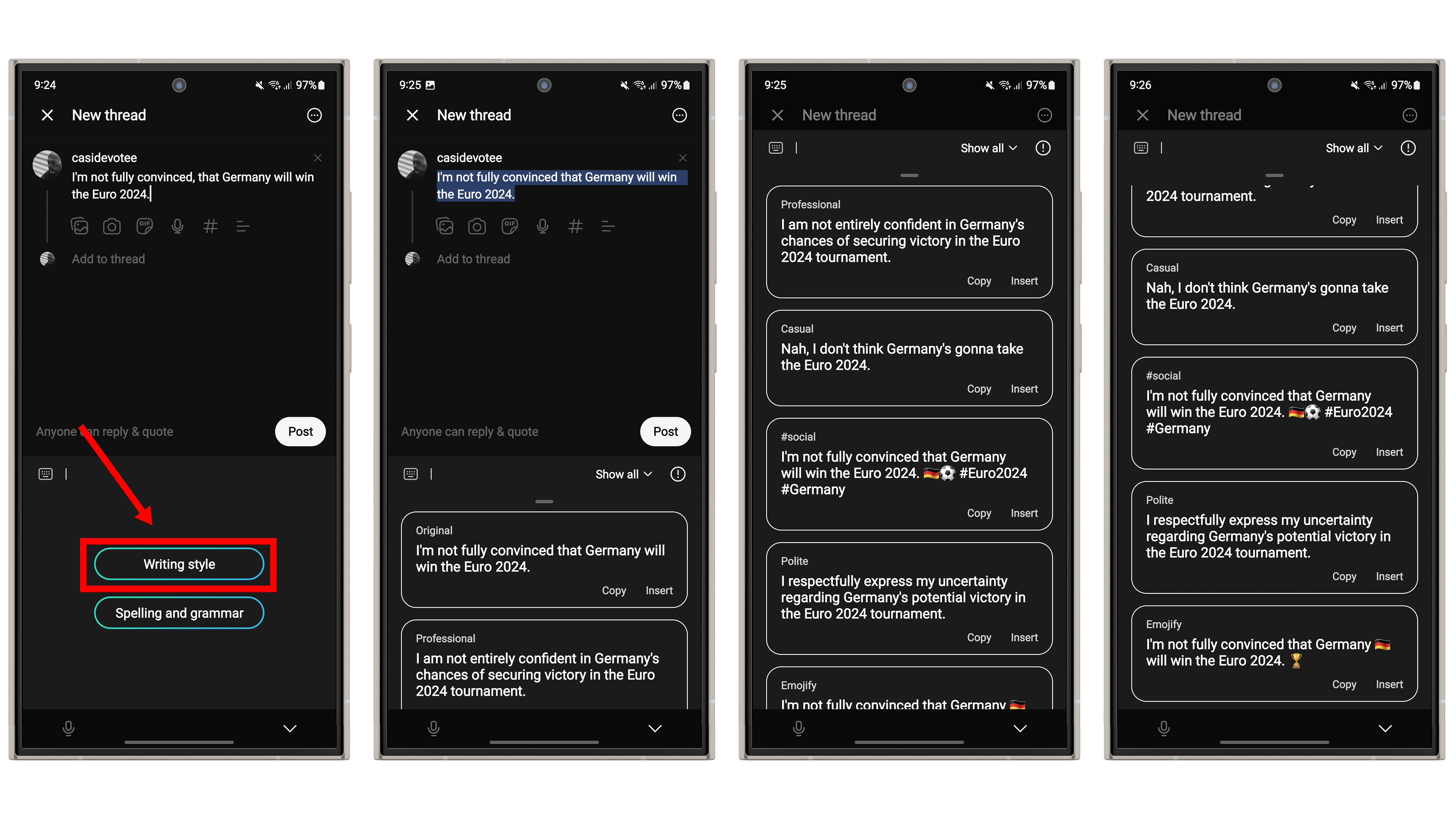 Captures d'écran du clavier de Samsung avec ses fonctions Galaxy AI.