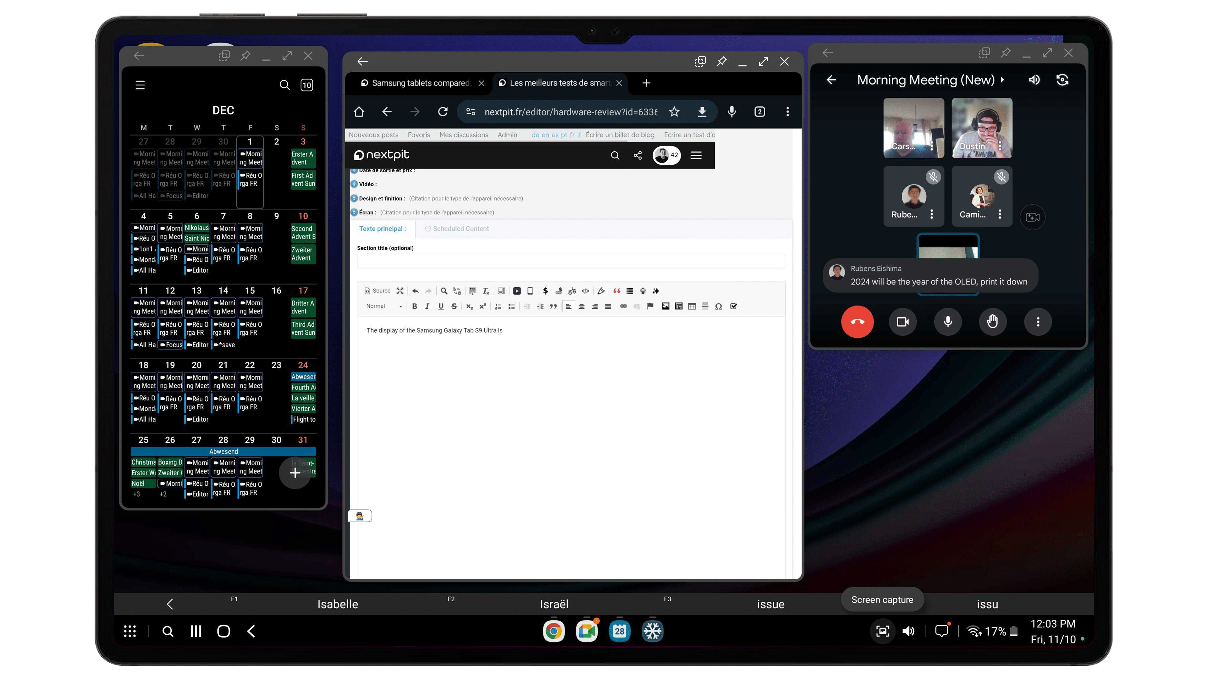 Une capture d'écran prise sur la Samsung Galaxy Tab S9 Ultra montrant plusieurs fenêtres flottantes affichées en même temps sur l'écran