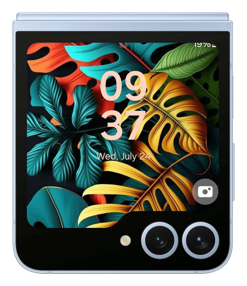 Le Galaxy Z Flip 6 affichant un fond du0027écran de feuille colorée