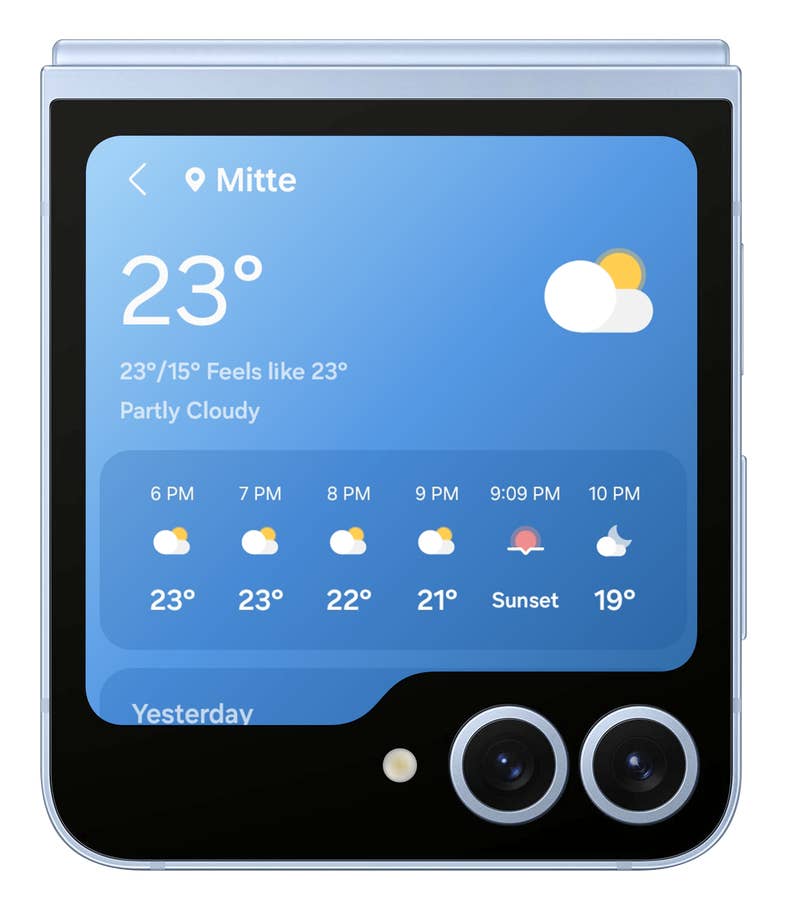 Le Galaxy Z Flip 6 affichant des informations météo avec une température de 23 ° à Mitte.