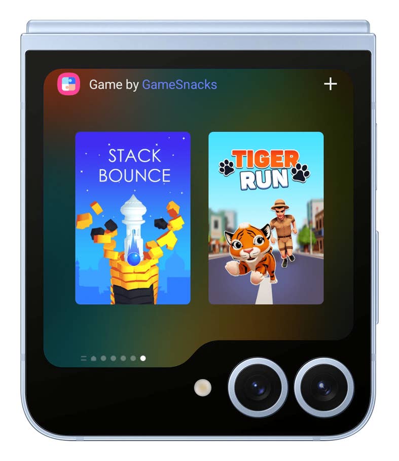 Le Galaxy Z Flip 6 affichant des options de jeu, notamment Stack Bounce et Tiger Run