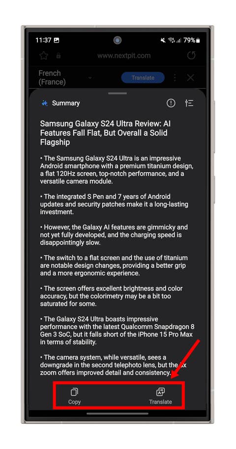 Capture du0027écran des fonctions du0027IA dans le navigateur Samsung