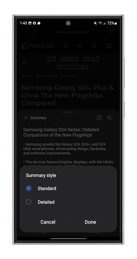 Capture du0027écran des fonctions du0027IA dans le navigateur Samsung