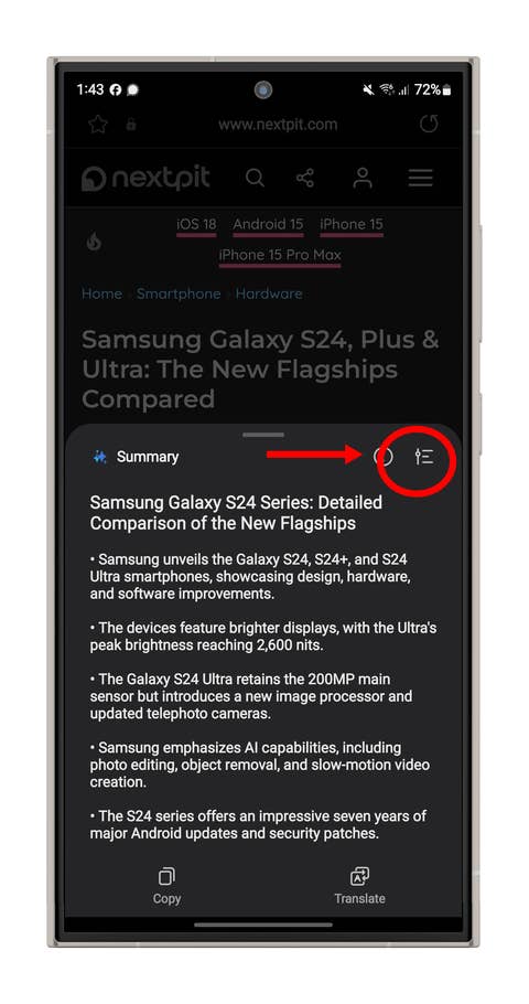 Capture du0027écran des fonctions du0027IA dans le navigateur Samsung