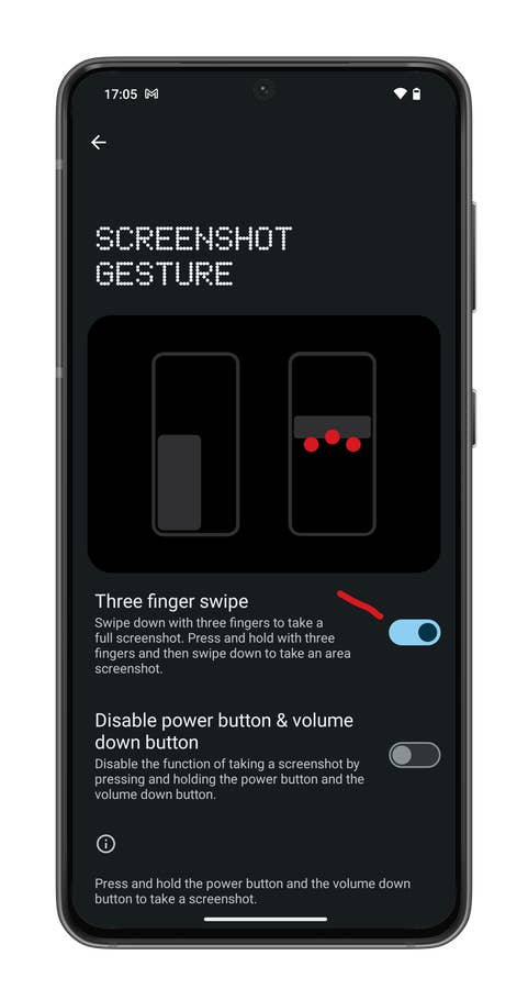 Capture du0027écran de Nothing OS 2.5 montrant comment activer le geste de capture du0027écran avec trois doigts