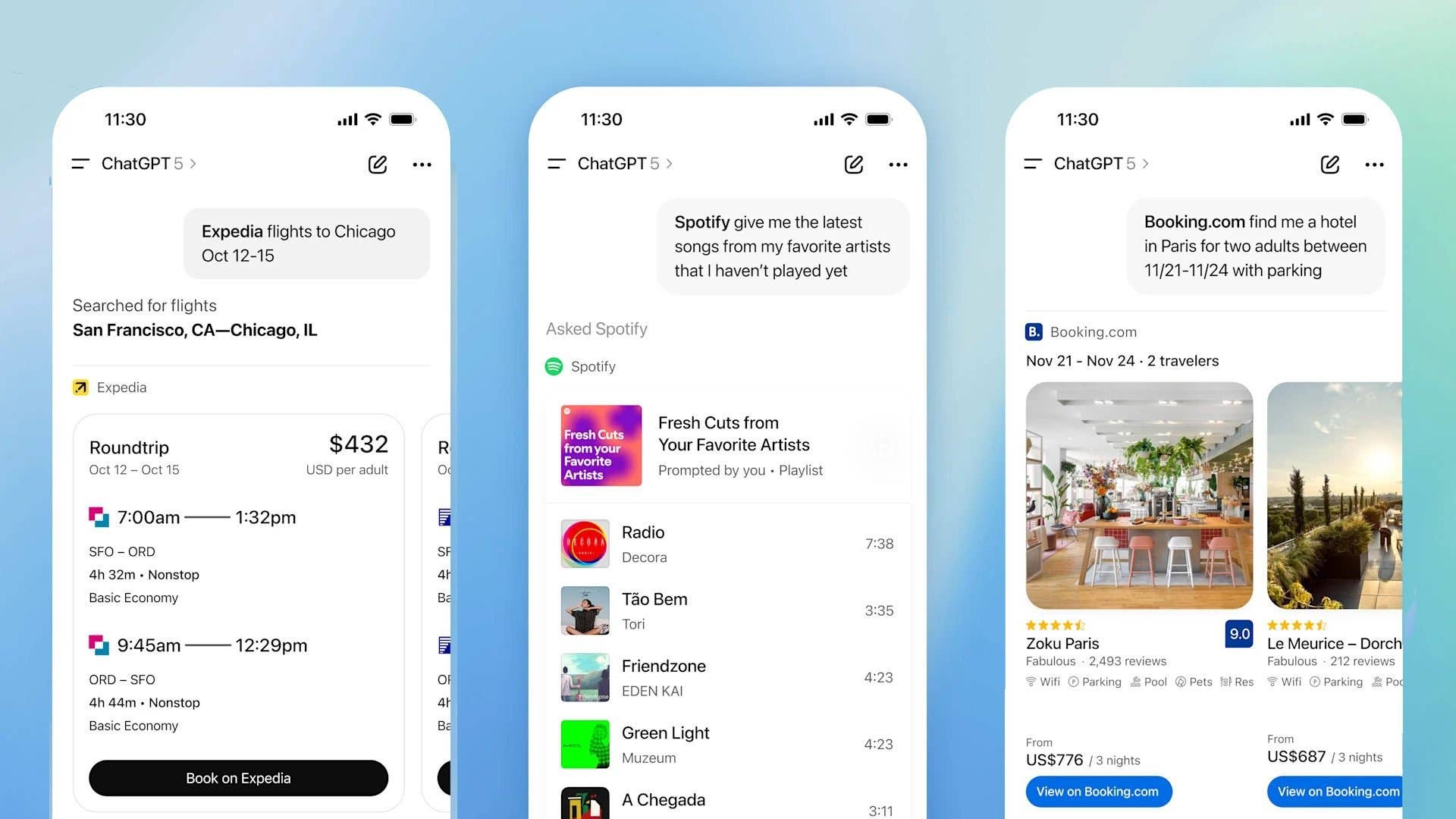 Écrans affichant l'interface de ChatGPT 5 pour la réservation de vols et d'hébergements.