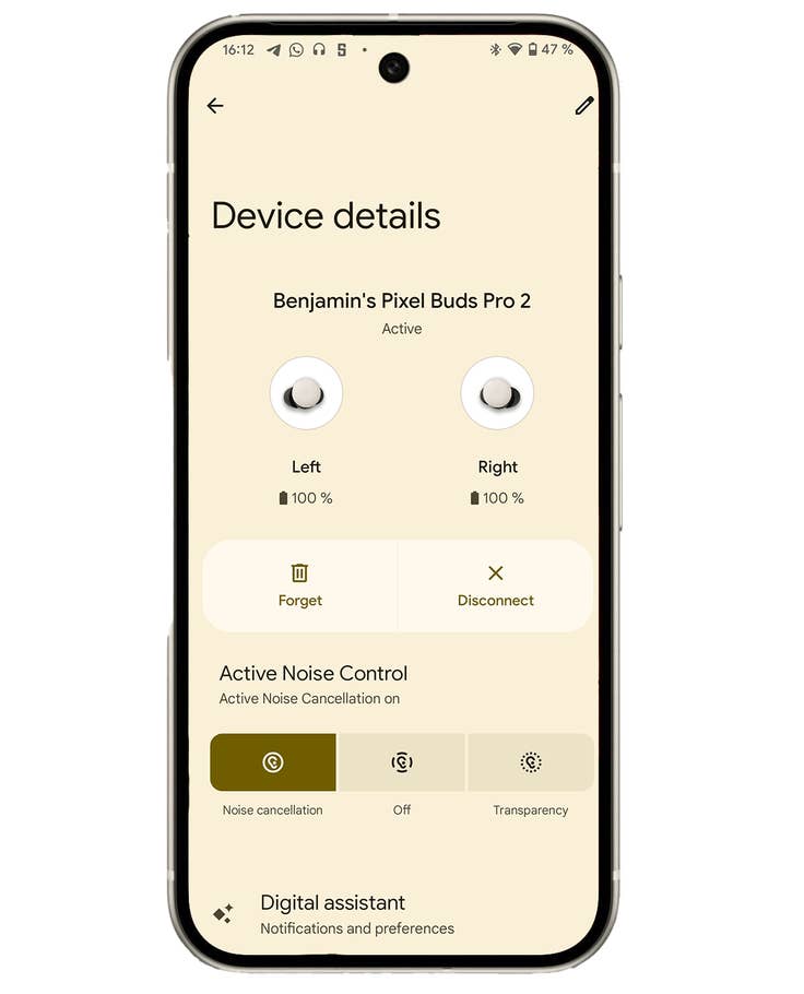 Écran des paramètres de lu0027appareil affichant les Pixel Buds Pro 2 actifs avec état de la batterie et options de contrôle du bruit.