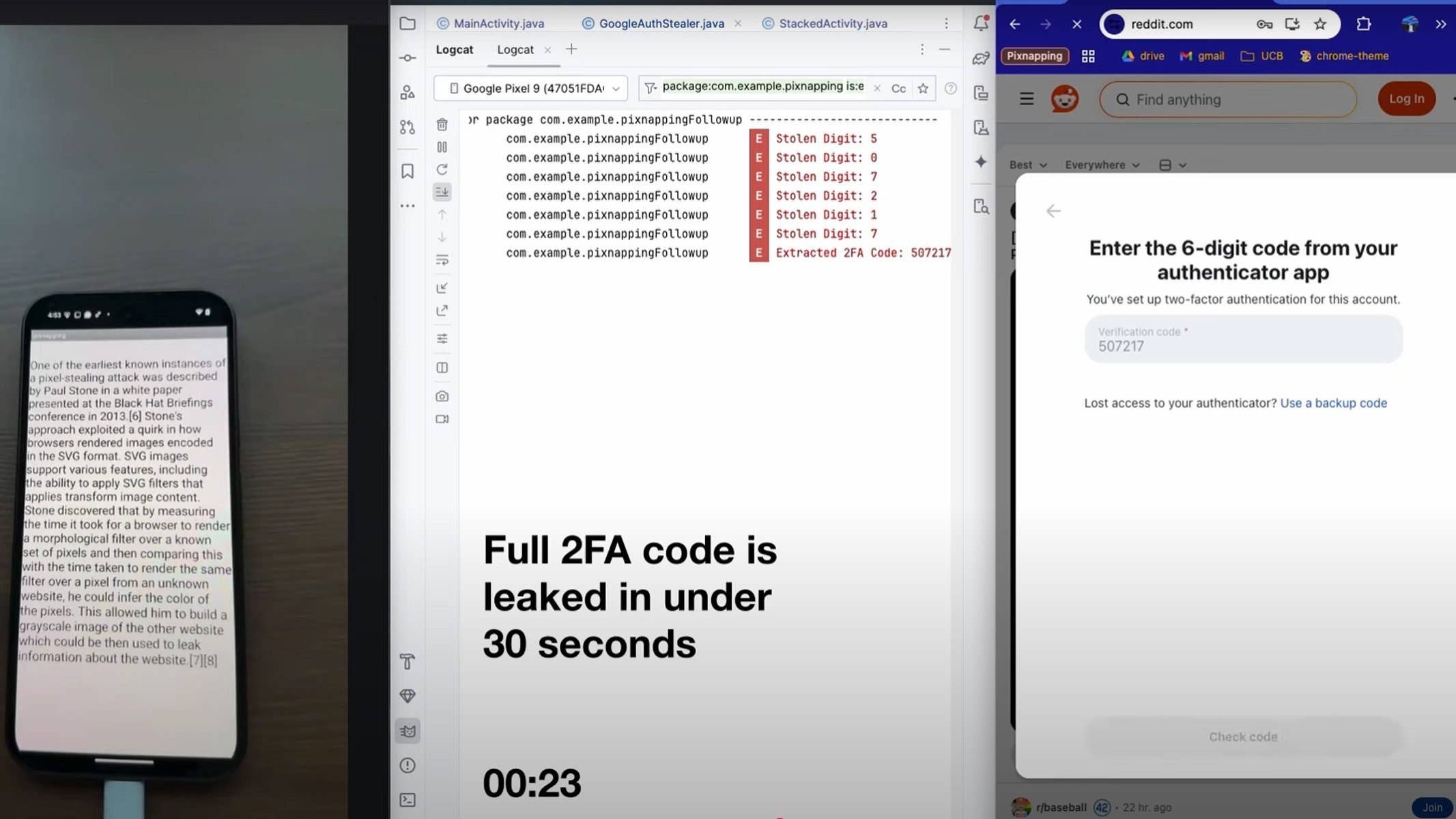 Un téléphone affichant un texte sur une attaque de vol de pixels, avec du code et une invite 2FA.
