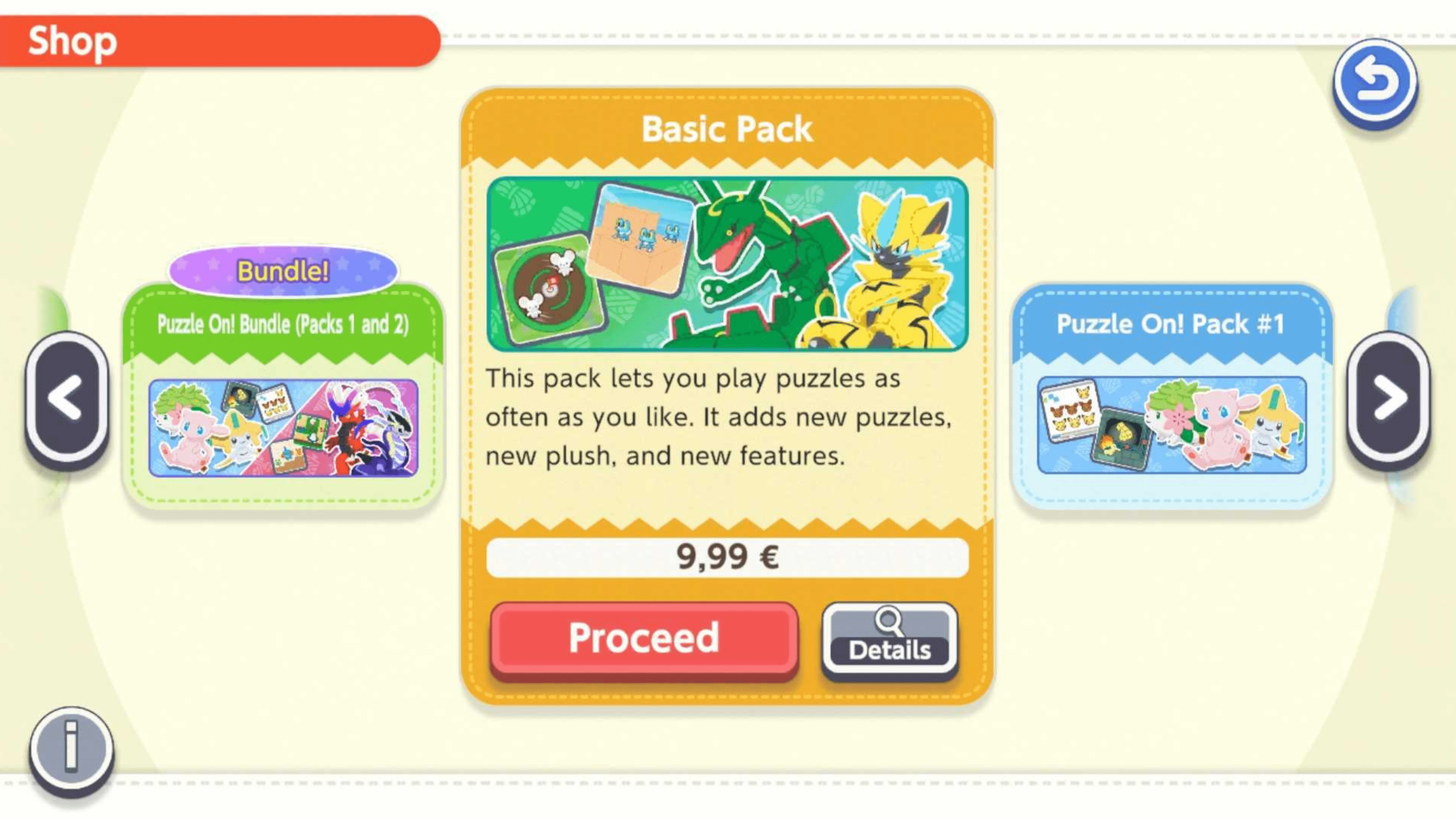 Interface de magasin affichant des packs de puzzles et des informations de prix.