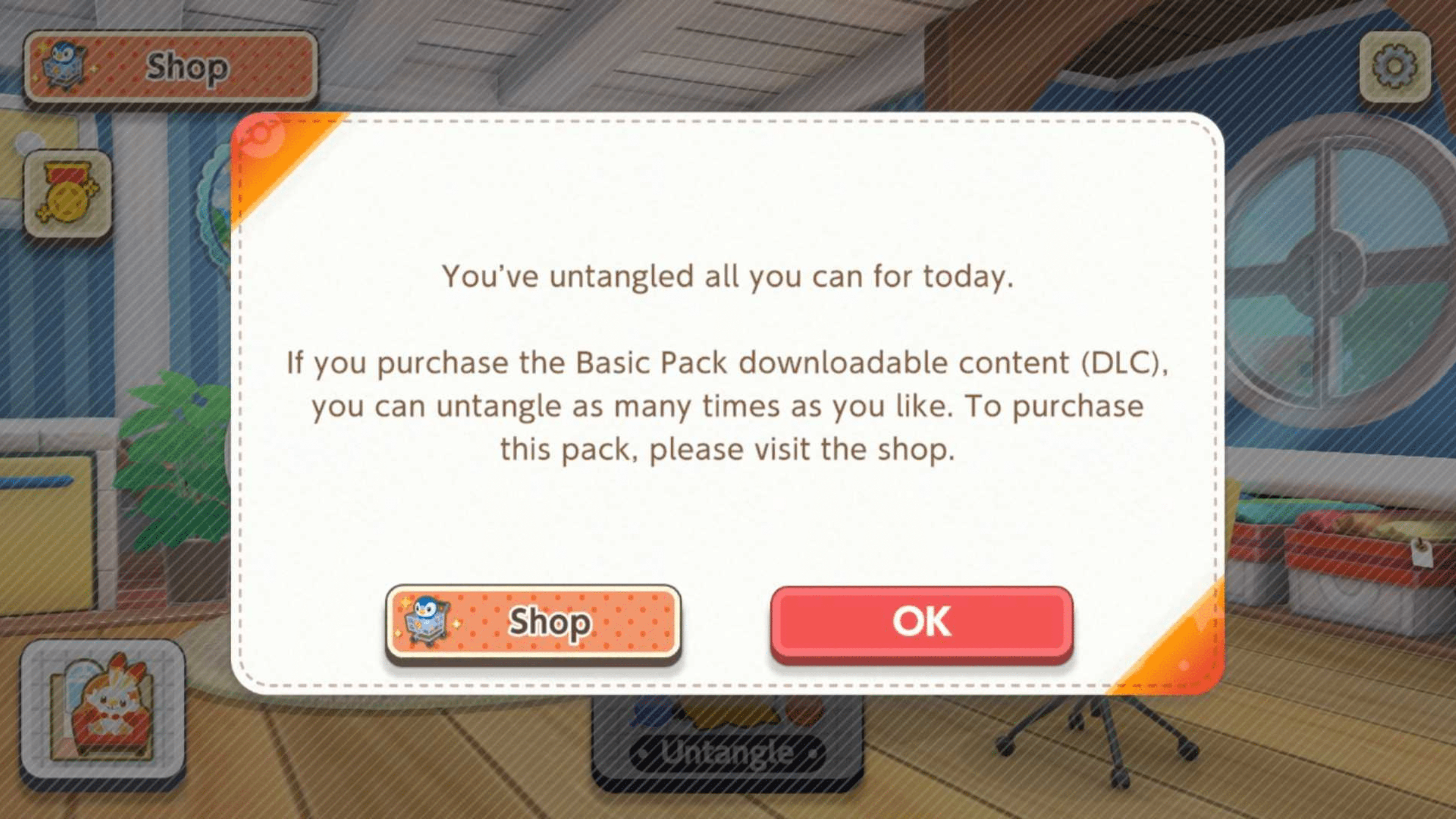 Menu de boutique affichant un message sur les progrès de démêlage et les options de contenu téléchargeable.