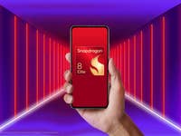 Une main tenant un smartphone affichant le logo 'Snapdragon 8 Elite Gen 5' sur un fond coloré.