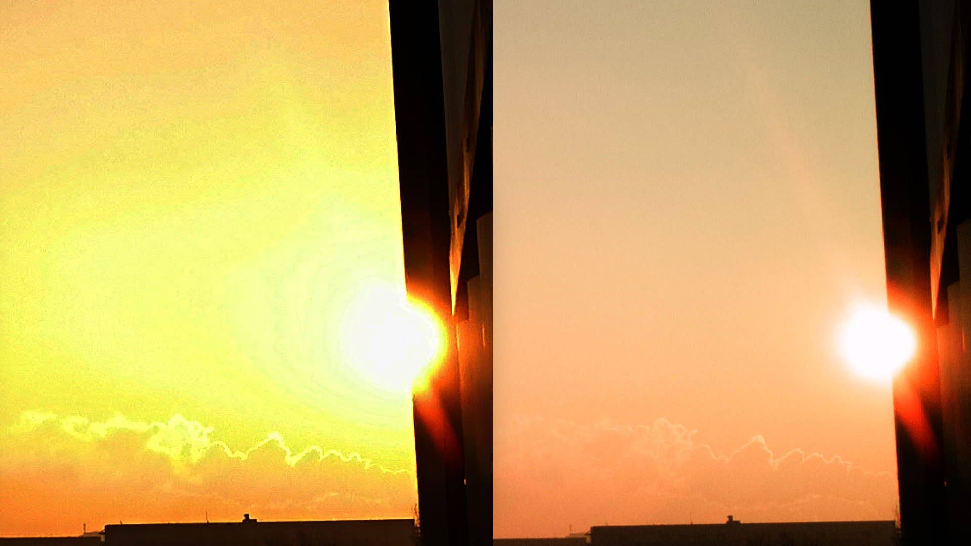 Deux images côte à côte d'un coucher de soleil, l'une en tons jaunes vifs et l'autre en teintes pastel douces.