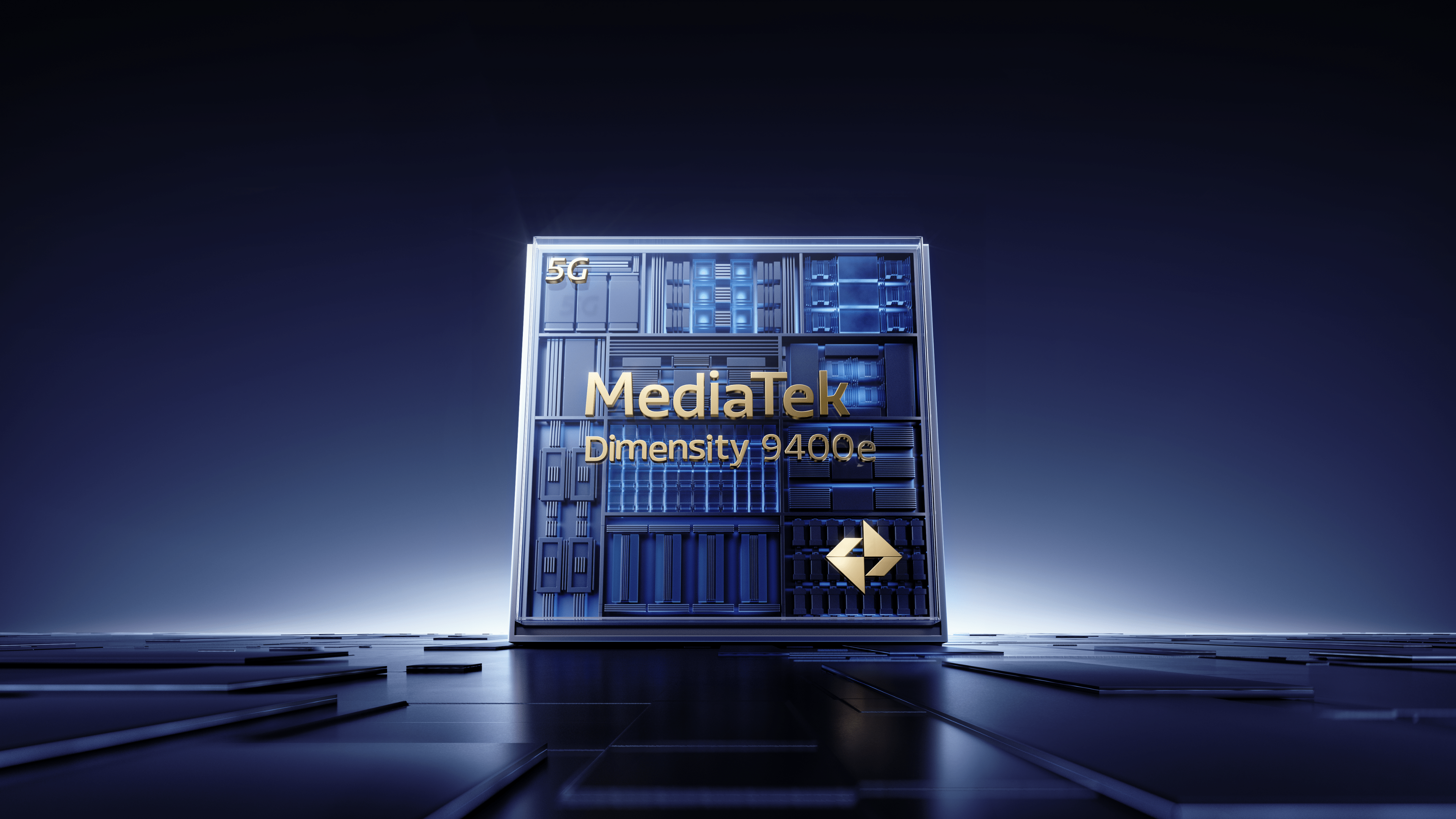 Puce MediaTek Dimensity 9400e avec technologie 5G sur fond sombre.