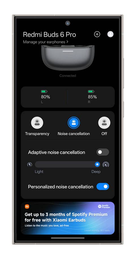 Interface de lu0027application Redmi Buds 6 Pro montrant les niveaux de batterie et les paramètres de réduction du bruit.