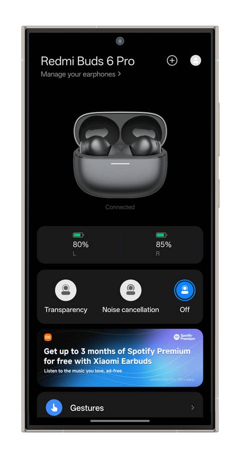 Interface de lu0027application Xiaomi Redmi Buds 6 Pro affichant les niveaux de batterie et les paramètres.