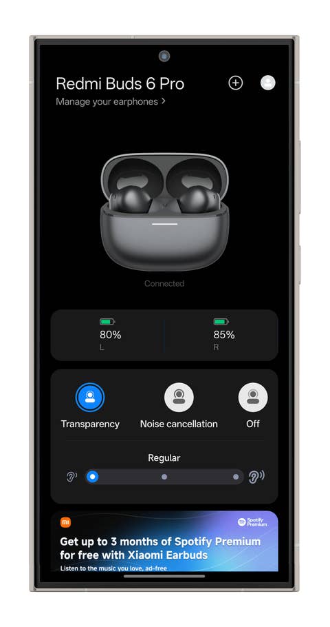 Interface de lu0027application Redmi Buds 6 Pro montrant les niveaux de batterie, le mode transparence et les options du0027annulation du bruit.