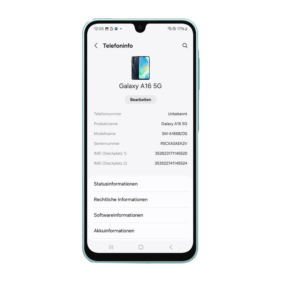 Écran du Samsung Galaxy A16 5G affichant des informations et des détails sur lu0027appareil.