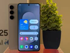 Smartphone Samsung Galaxy S25 FE exposé à côté d'une plante.