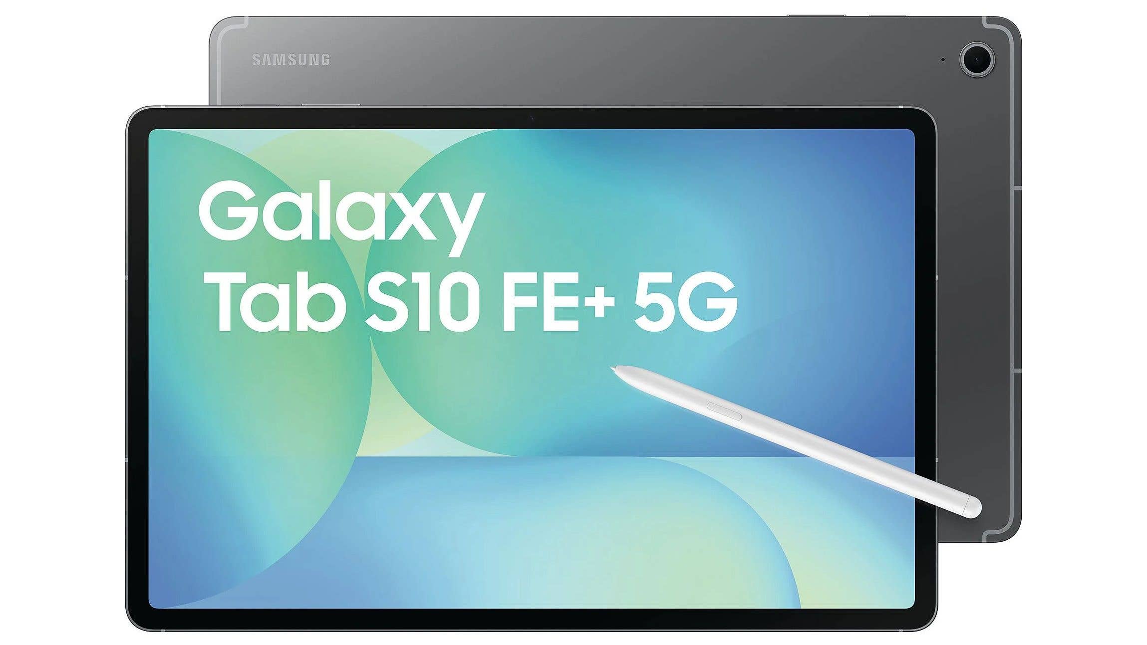 Tablette Samsung Galaxy Tab S10 FE+ 5G avec stylet sur fond clair.