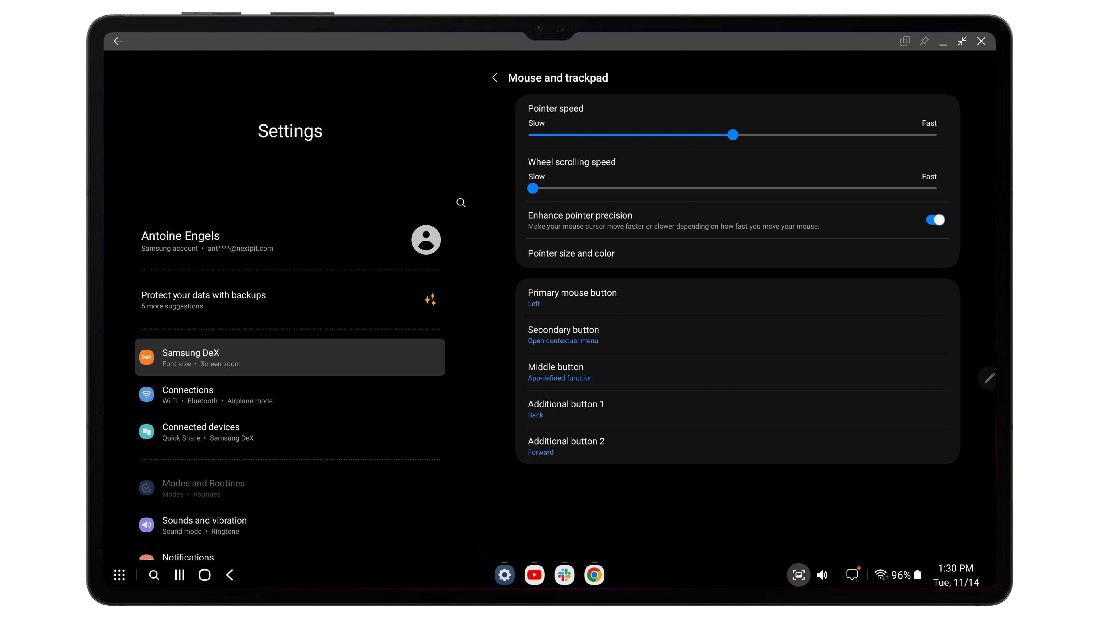 Capture d'écran prise sur la Samsung Galaxy Tab S9 Ultra montrant les réglages de la souris en mode DeX