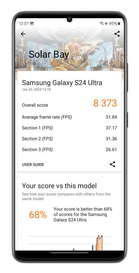 Captures du0027écran du benchmark 3DMark Solar Bay réalisé sur le Samsung Galaxy S24 Ultra