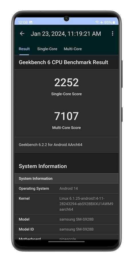 Captures du0027écran du benchmark Geekbench 6 réalisé sur le Samsung Galaxy S24 Ultra