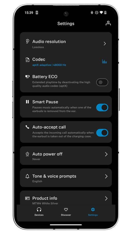 Capture du0027écran de lu0027application Smart Control des écouteurs Sennheiser Momentum True Wireless 4