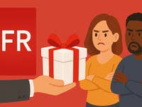 Une main présente une boîte-cadeau à deux personnes mécontentes sur un fond rouge avec le logo 'SFR'.