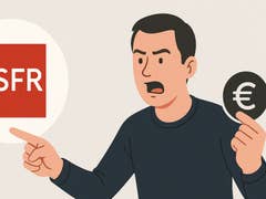 Un homme gesticule avec colère en tenant un symbole euro et en pointant vers le logo SFR.