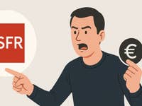 Un homme gesticule avec colère en tenant un symbole euro et en pointant vers le logo SFR.
