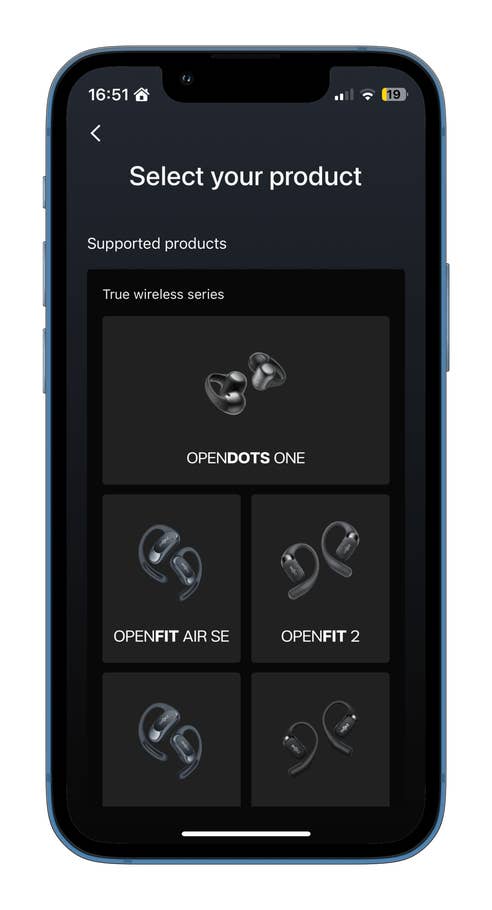Écran de sélection de produit pour la série sans fil Shokz montrant les modèles disponibles, y compris OPENFIT 2.