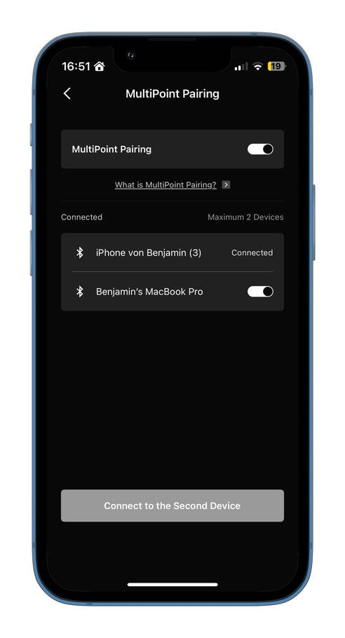 Écran mobile affichant les paramètres de couplage MultiPoint avec des appareils connectés.