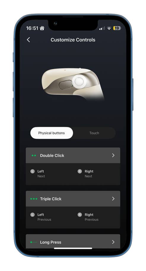 Écran mobile affichant u0027Personnaliser les contrôlesu0027 pour Shokz OpenFit 2 avec options pour les fonctions des boutons.