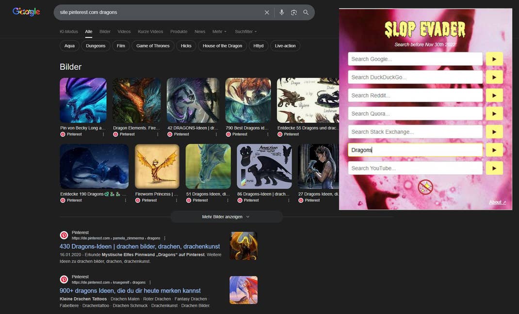 Screenshot einer Google-Suche mithilfe von Slop Evader.