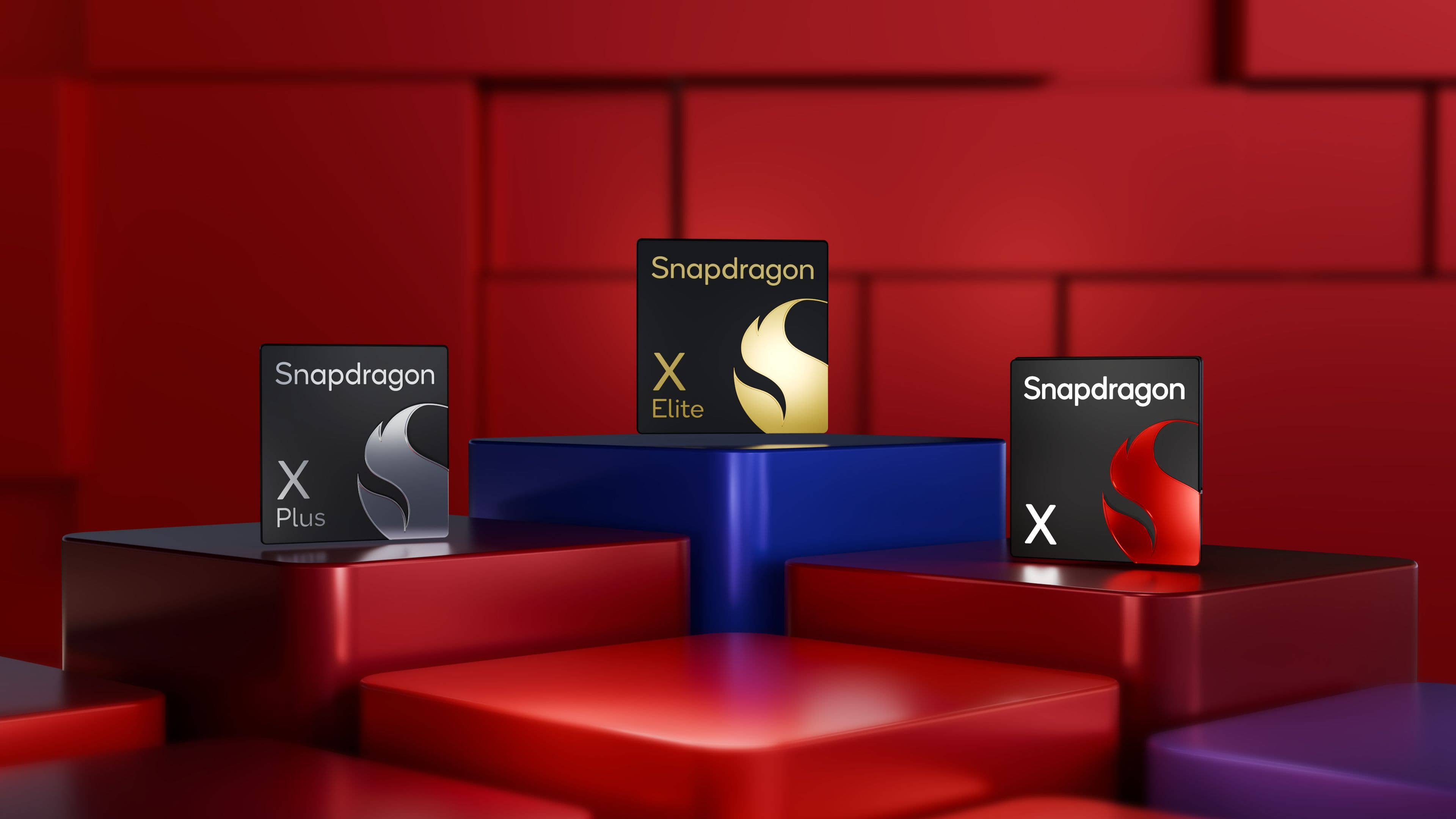 Trois processeurs Snapdragon sur des blocs colorés : X Plus, X Elite, X.