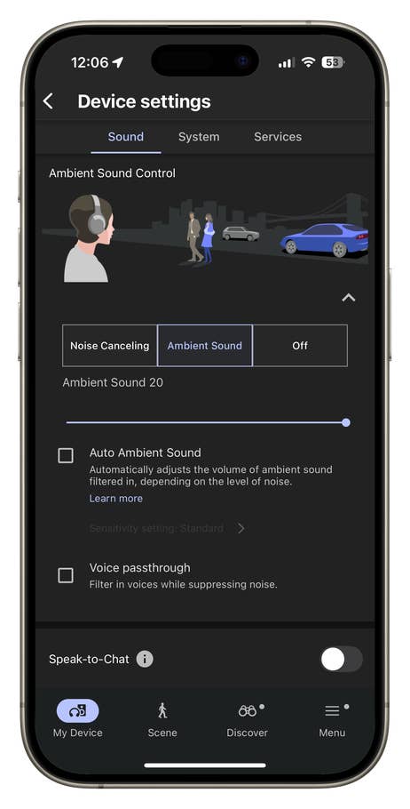Les paramètres du0027écran du WH-1000XM6 de Sony montre des options pour contrôler le son ambiant.
