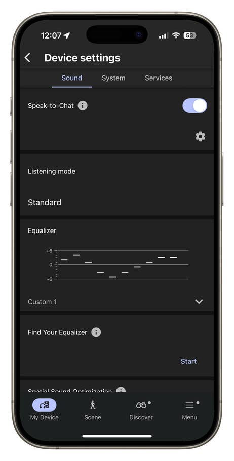 Lu0027écran des paramètres du WH-1000XM6, avec les options audio et lu0027égaliseur.