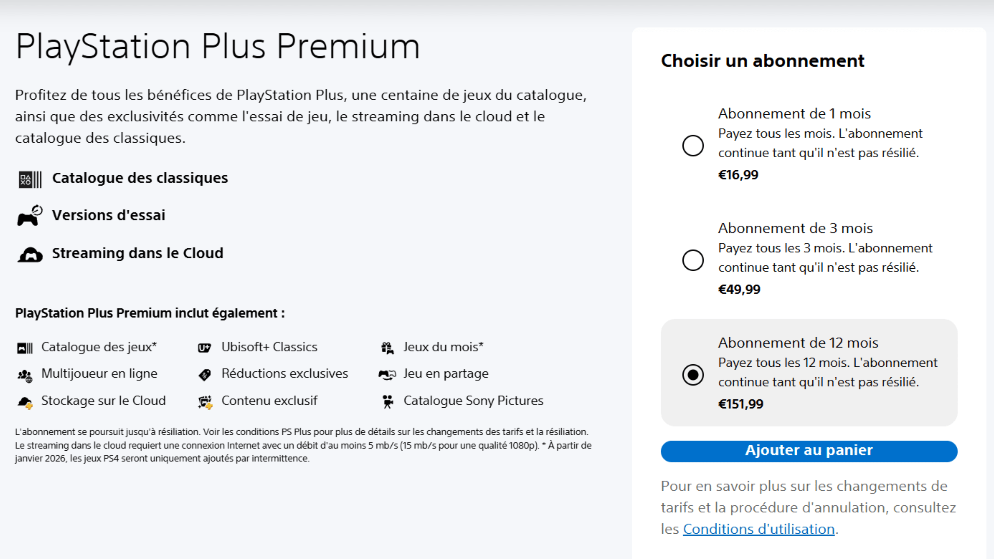 Avantages de PlayStation Plus Premium, options d'abonnement et prix affichés sur un site Web.