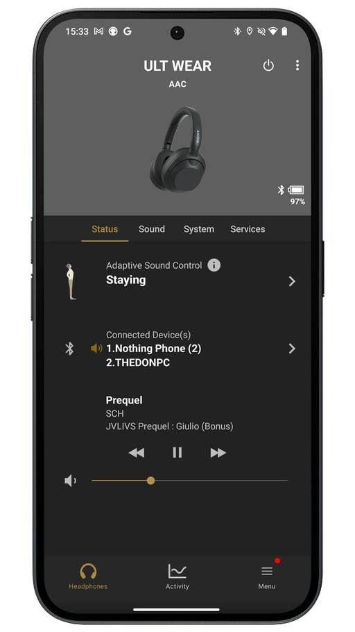 Capture du0027écran de lu0027application Sony Headphones Connect.